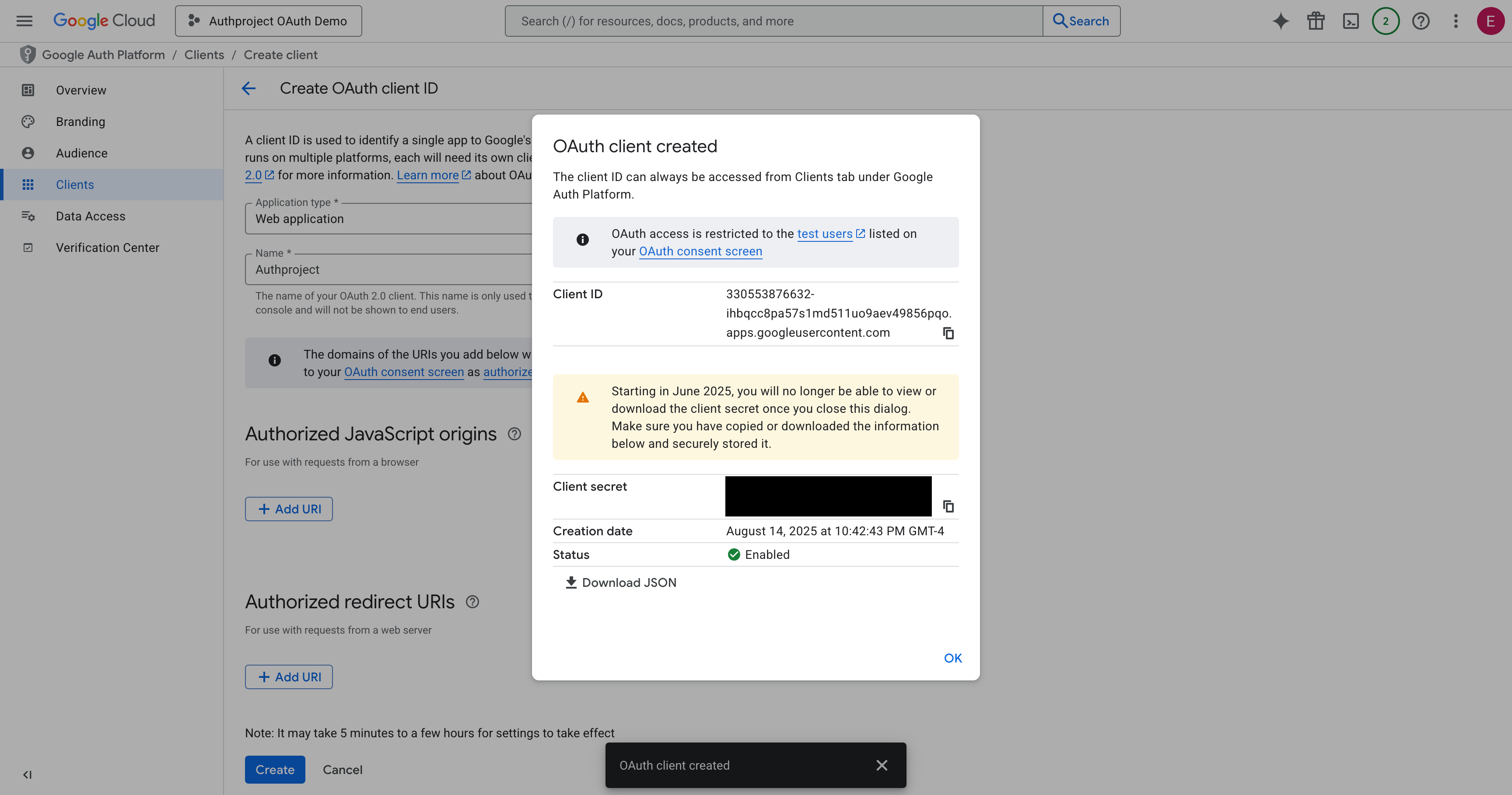 Copy the Client ID and Client Secret